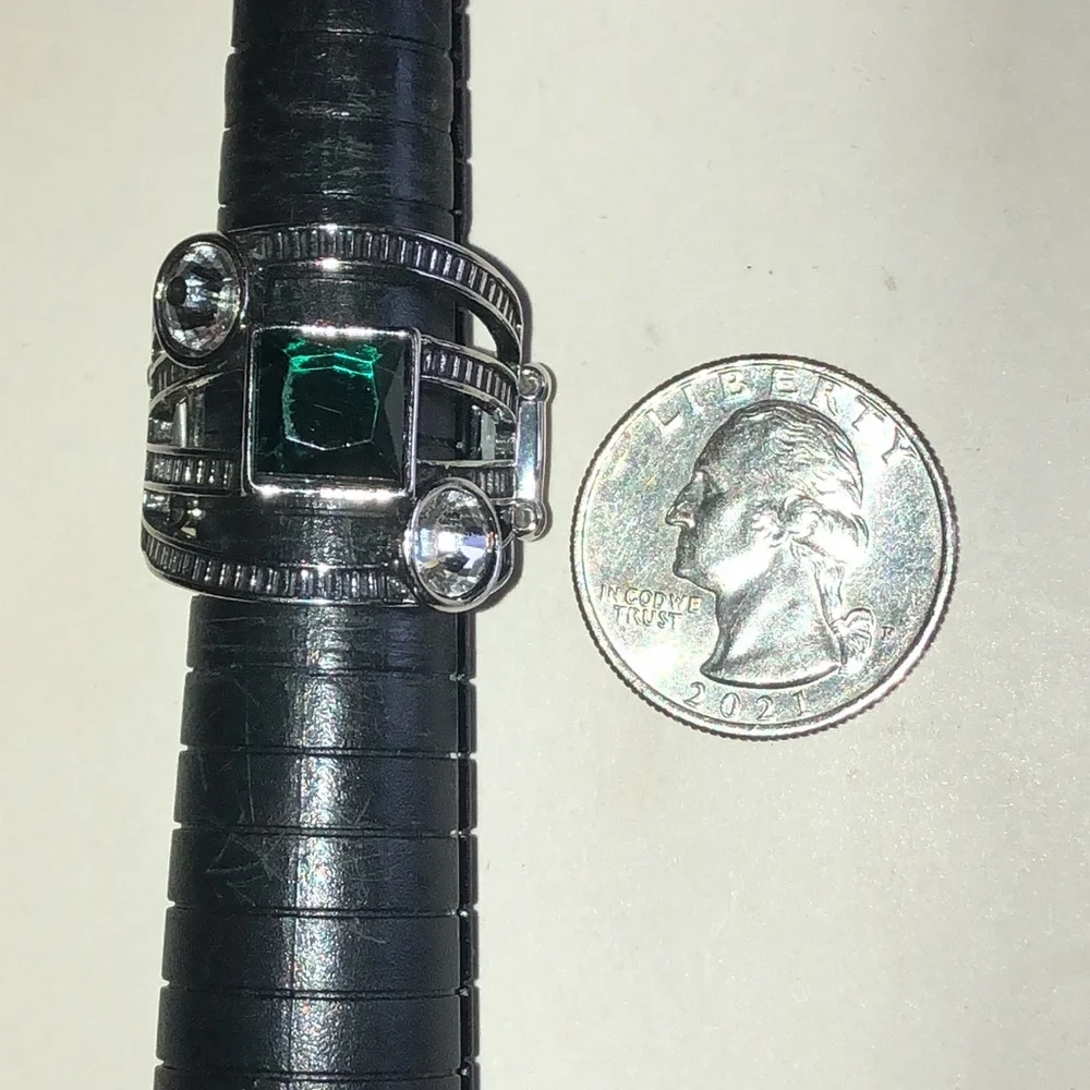 Silver Tone Ring with Green Center Stone and Clear Accents